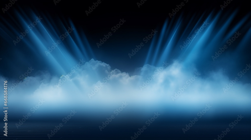 Illuminated stage with scenic lights and smoke. Blue spotlight with smoke light effect generative ai