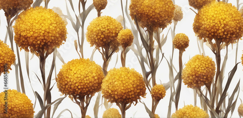 Flowers craspedia isolated on white background. Yellow balls garden flowers Craspedia globosa. Generative AI. photo