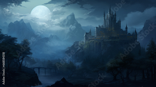 illustration painting castle fantasy forest adventure fog. landscape is castles fog. generative ai