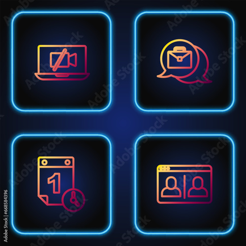 Set line Video chat conference, Time management, camera Off laptop and Online working. Gradient color icons. Vector