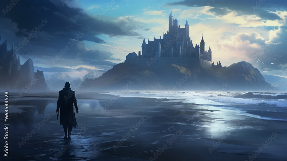 illustration painting of king walking through sea beach next to fantasy castle. generative ai