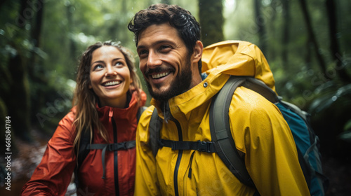 Fototapeta Naklejka Na Ścianę i Meble -  Close-up Young woman and man trekking natural in the rain forest