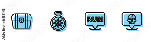 Set line Alcohol drink Rum, Antique treasure chest, Compass and Skull icon. Vector photo