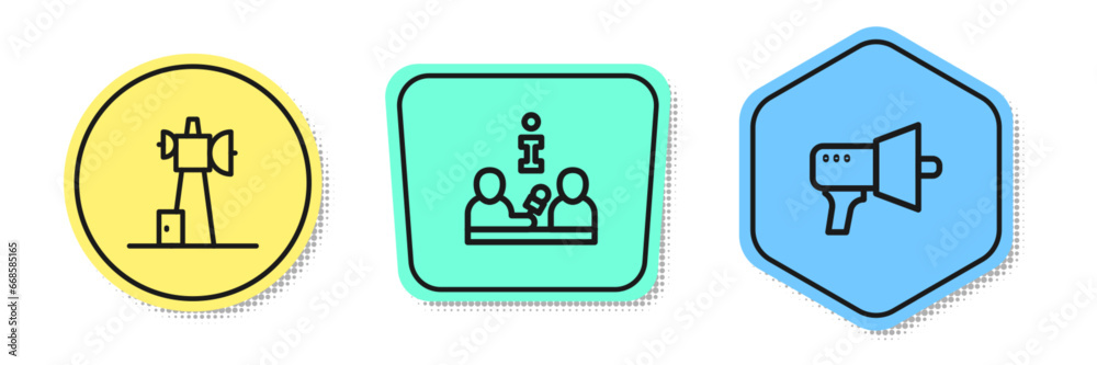 Set line Antenna, Interview and Megaphone. Colored shapes. Vector Set line Antenna, Interview and Megaphone. Colored shapes. Vector