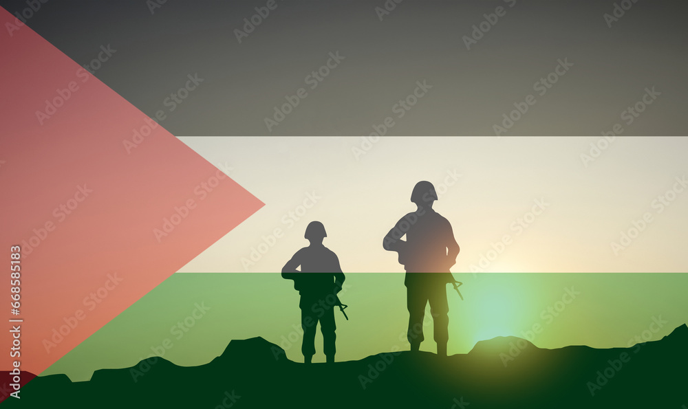 Silhouette of soldiers with palestine flag against the sunrise. Concept - armed forces of palestine