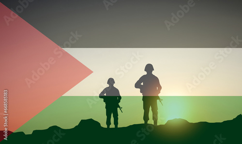 Silhouette of soldiers with palestine flag against the sunrise. Concept - armed forces of palestine photo