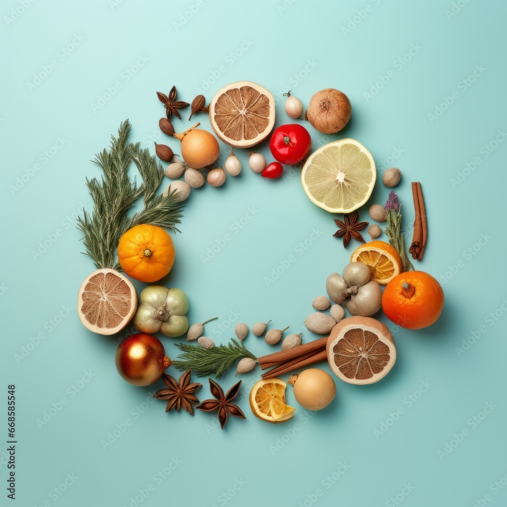 Christmas wreath made of different fruits and spices on a blue background Christmas wreath made of different fruits and spices on a blue background