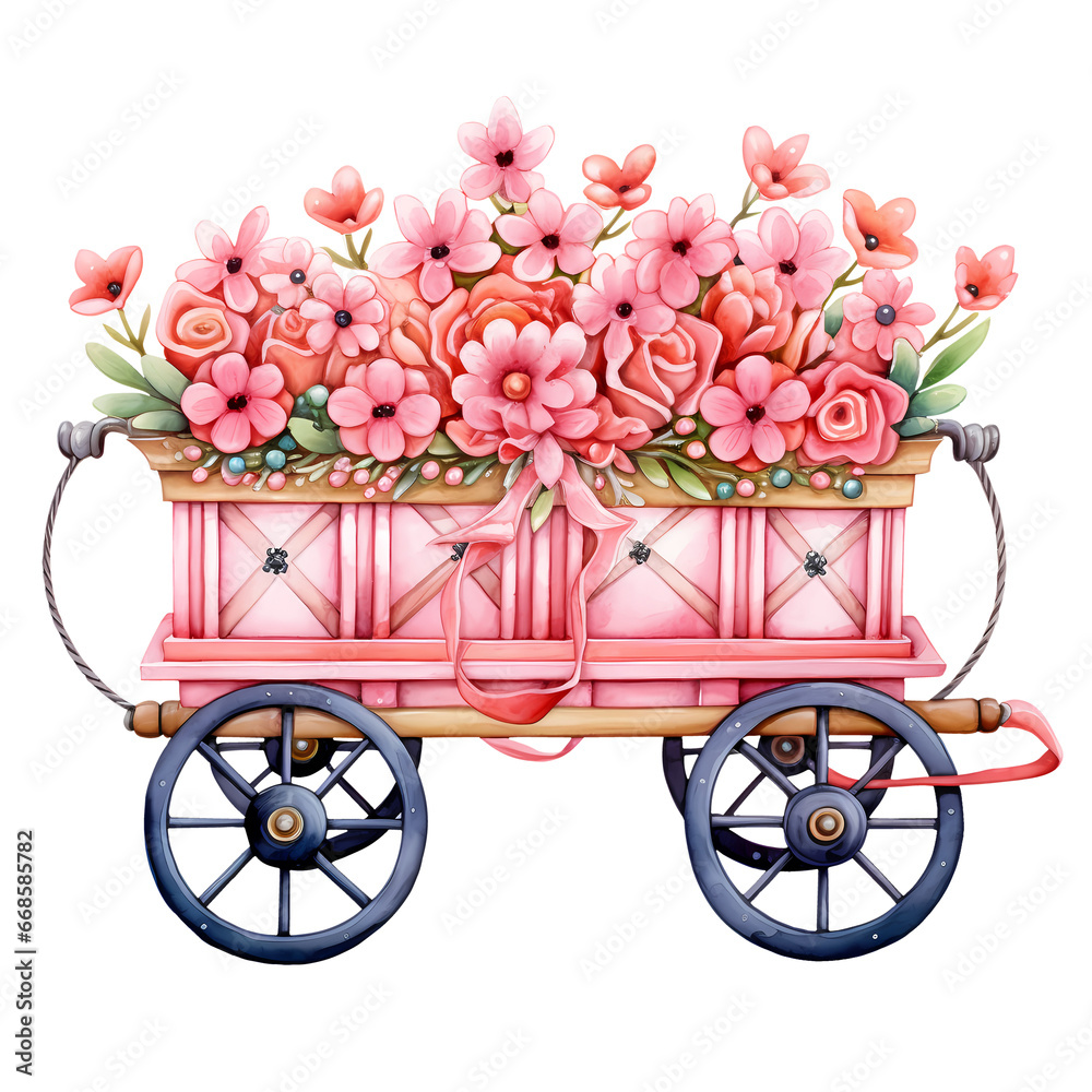 Watercolor Cute Cart Flowers Valentine Clipart Illustration
