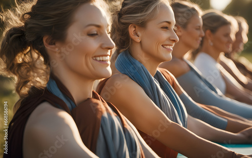 Closeup on a group of smiling perfect faces women doing yoga outdoors, on yoga mats, in lotus position, with eyes