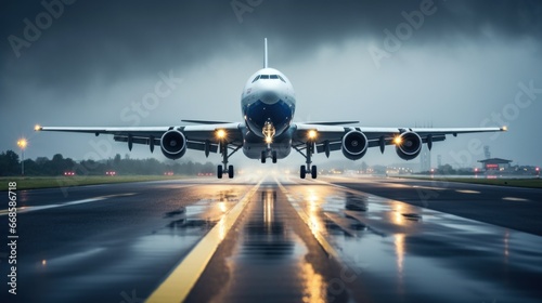 A Rainy Touchdown: Aircraft Landing on a Wet Runway in Inclement Weather