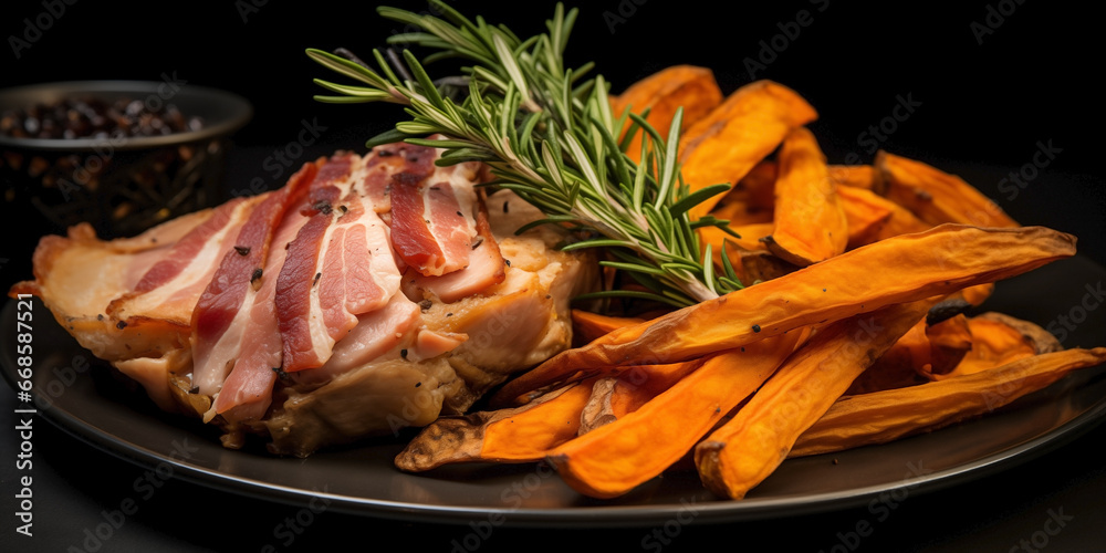 Glazed carved roast ham and sweet potato with fresh herbs and aromatic spices. Homemade baked pork slices at holiday dinner. Xmas dinner table setting on dark background. Glazed carved roast ham and sweet potato with fresh herbs and aromatic spices. Homemade baked pork slices at holiday dinner. Xmas dinner table setting on dark background.