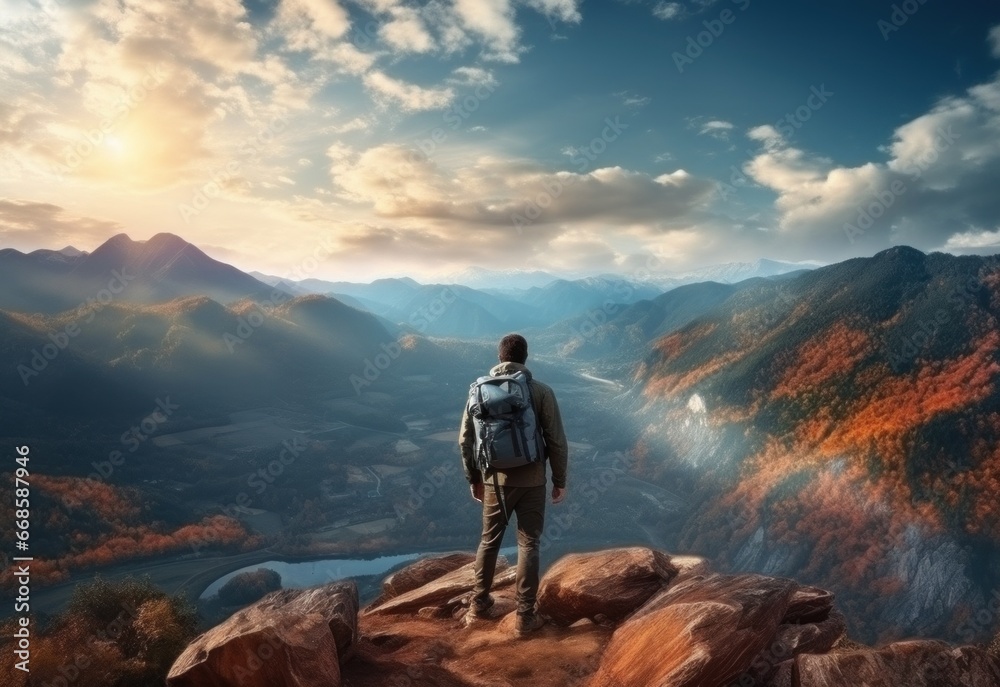 Travel hiker with backpack on the top of mountain