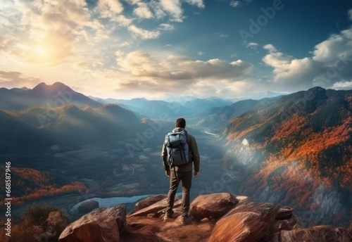 Travel hiker with backpack on the top of mountain