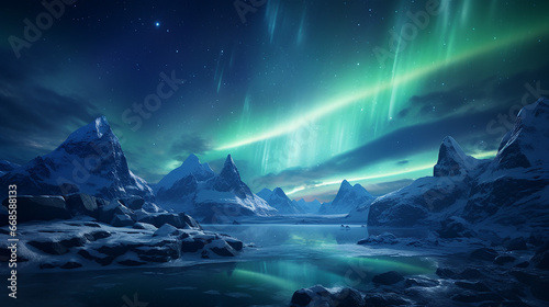beautiful aurora borealis over the snowy mountain in the scandinavia. © thebaikers