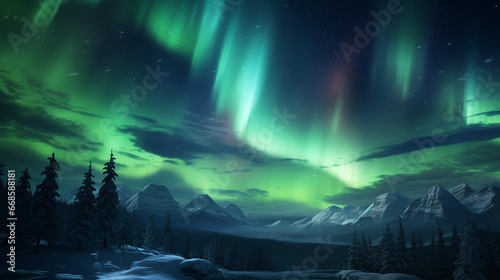 beautiful aurora borealis over the snowy mountain in the scandinavia.