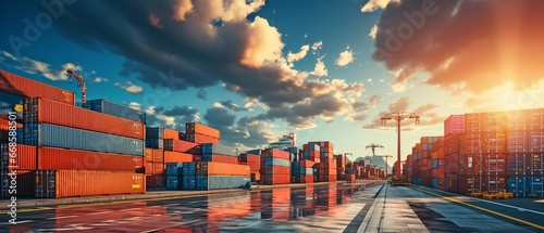 Forklift and logistic import/export enterprise, an industrial container yard. Concept of the import-export sector. photo