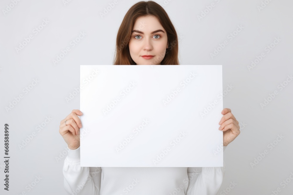 Communication in Hand: Woman Holding a White Board for Announcements Communication in Hand: Woman Holding a White Board for Announcements