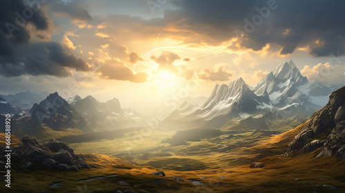 Mountain landscape field sun light
