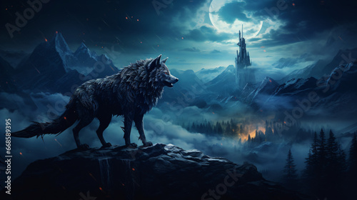 Mountain landscape with full moon and a wolf werewolf © khan