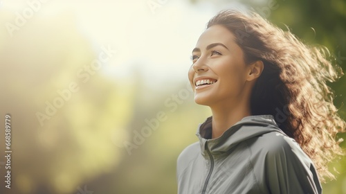 Close-up portrait of a young Caucasian woman during a walk in the summer park. Walk in the fresh air, away from the noise of the big city. Photo with copy space.