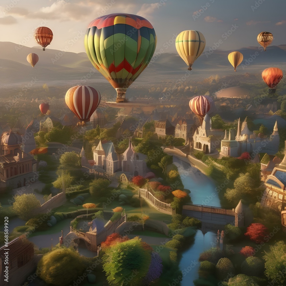 Fototapeta premium A whimsical, floating city of hot air balloons with gardens in the sky2