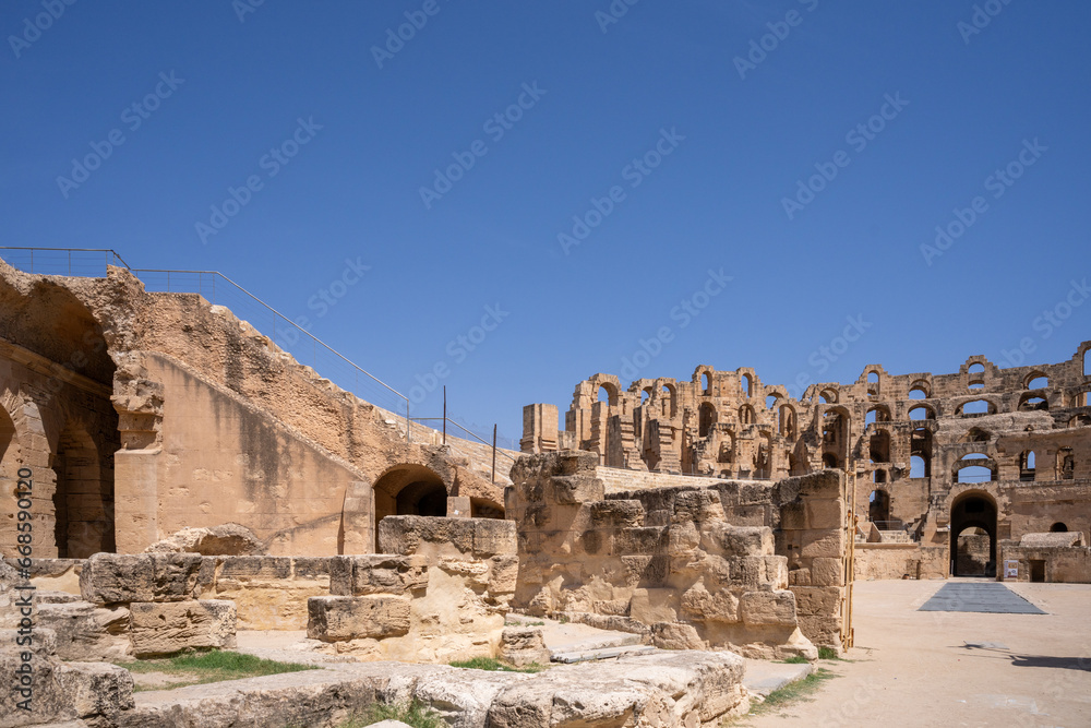 El Jem Coliseum. The largest Roman amphitheater in Africa. Unesco World Heritage.