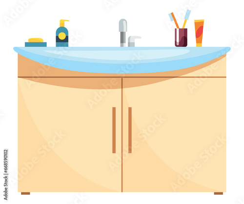 Cartoon bathroom equipment, washbasin with necessary accessory. Shampoo and mouthwash bottle element for dental oral care and others. Flat vector design illustration