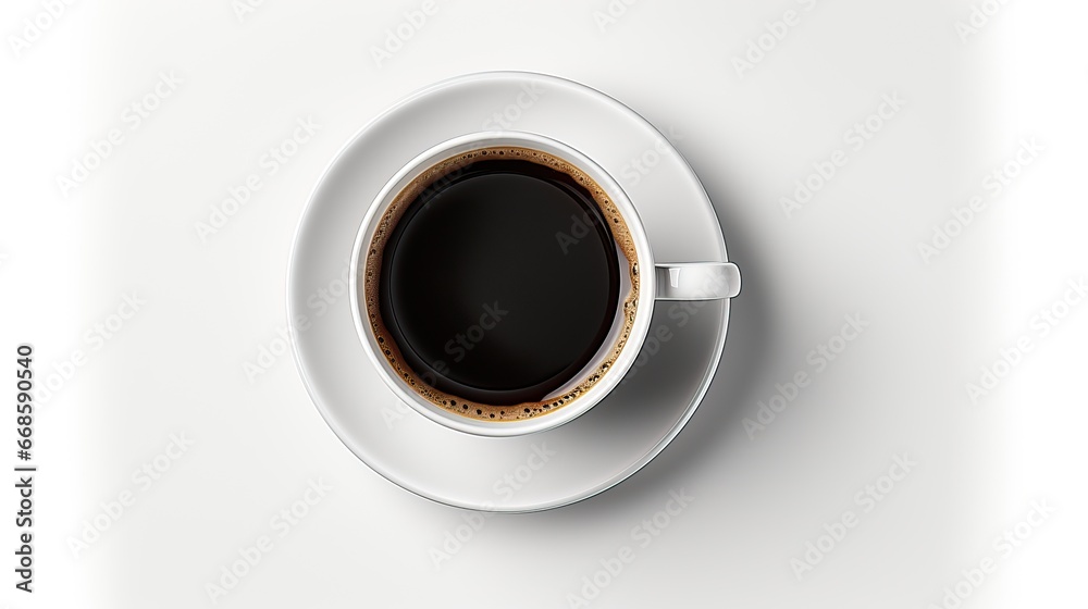 tasse à café isotherme sur fond blanc, tasse à café/mug avec du café noir chaud, vue de dessus - obrazy, fototapety, plakaty 