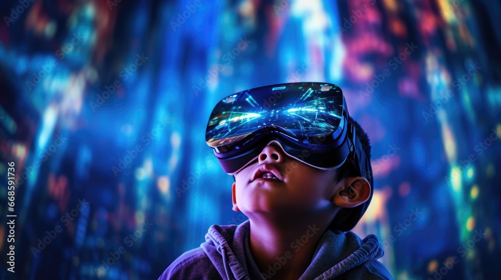 A boy wearing virtual-reality goggles looks away. Neon background around the player A boy wearing virtual-reality goggles looks away. Neon background around the player