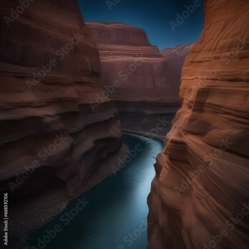 A serene, moonlit canyon with the night sky filled with shooting stars4