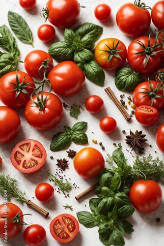 Fresh tomatoes with herbs and spices on white background