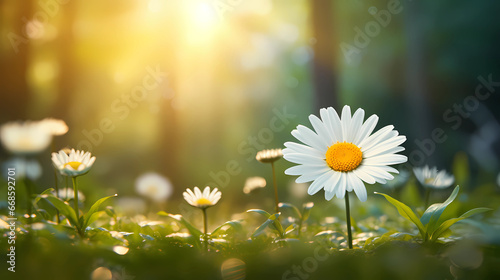 realistic Idyllic daisy bloom in spring summer autumn season with yellow sun ray in evening or morning photo