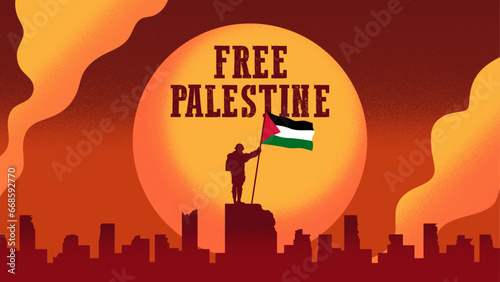 Free palestine soldier waving flag in burning city vector illustration