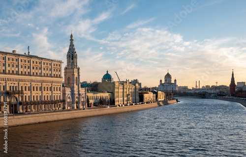 April 20, 2022, Moscow, Russia. View of the Sofia embankment of the Moskva River in the center of the Russian capital at sunset.