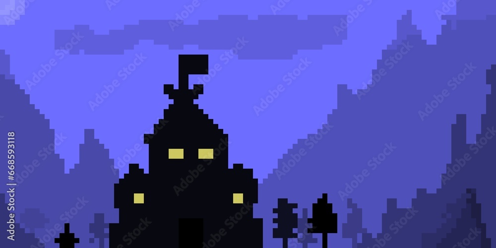 Gloomy castle in the mountains. Pixel art illustration.