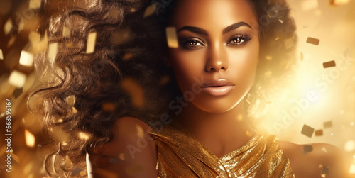 A dark-skinned girl is the face of a woman in gold confetti and bokeh.Girl with luxury and premium illustration for advertising product design.