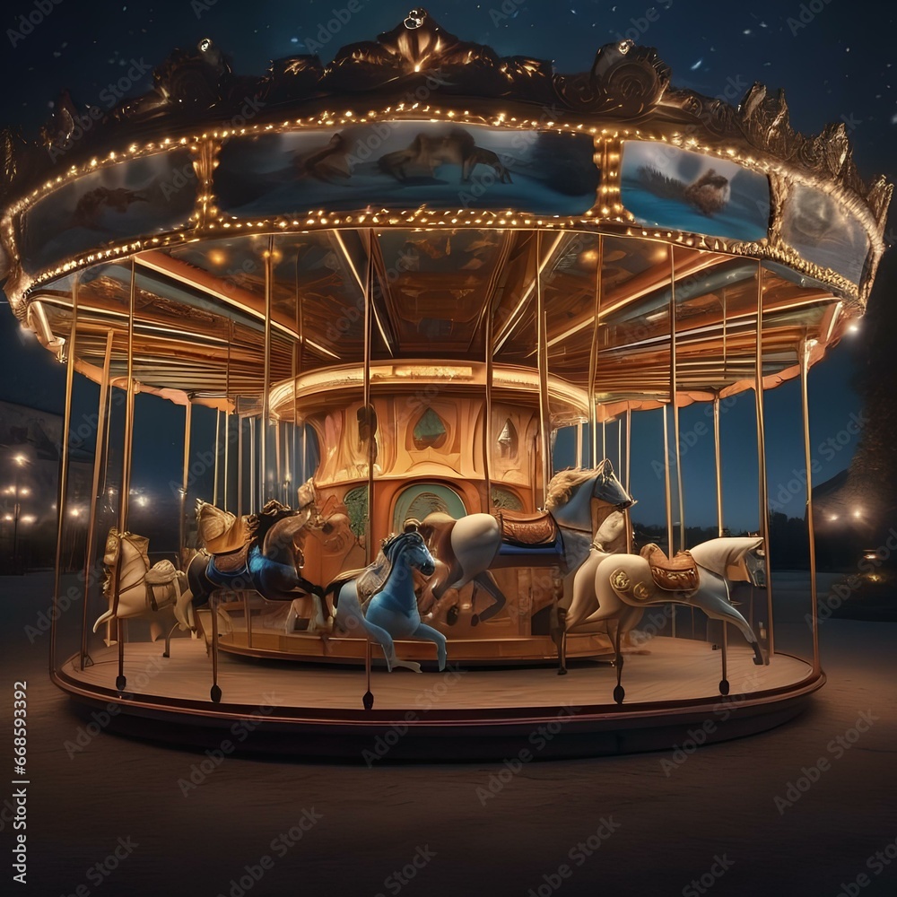 A whimsical, starlit carousel with animals that come to life and leap into the sky5