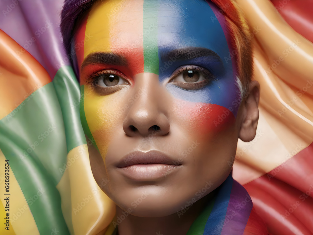 Fototapeta premium Portrait of a beautiful girl with a rainbow flag on her face.generado con ia