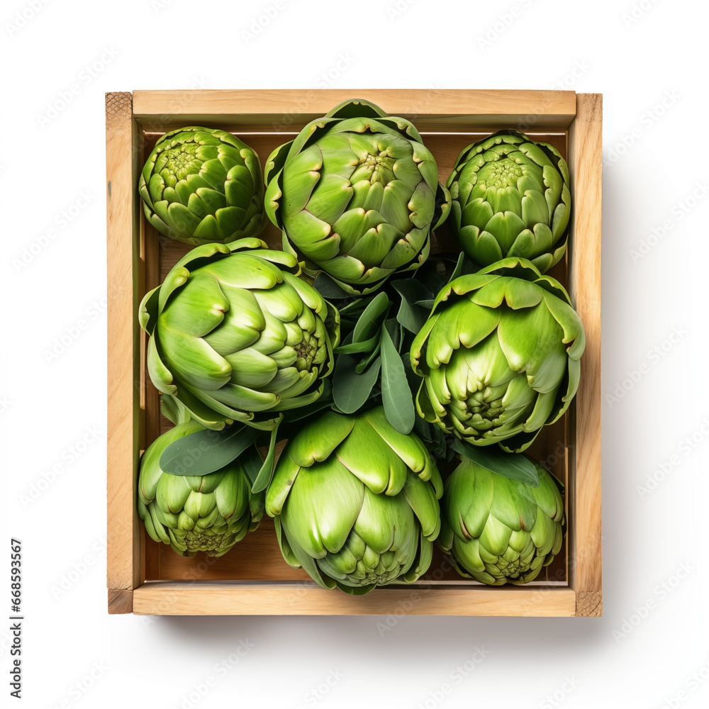 Obraz premium artichoke in the wood box on white background, close up collection of fresh ingredients healthy food, fruit, vegetables for healthy delicious food theme