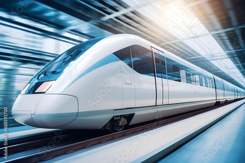 fast train in business center with motion blur background