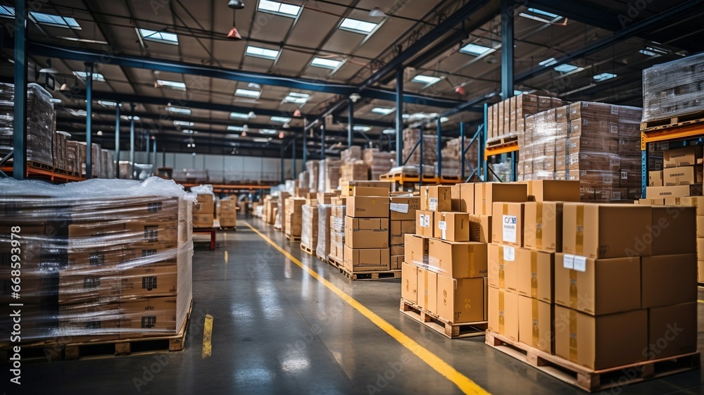 A store warehouse, a sorting room for goods distribution, or a retail warehouse with shelves holding cardboard boxes . A store warehouse, a sorting room for goods distribution, or a retail warehouse with shelves holding cardboard boxes .