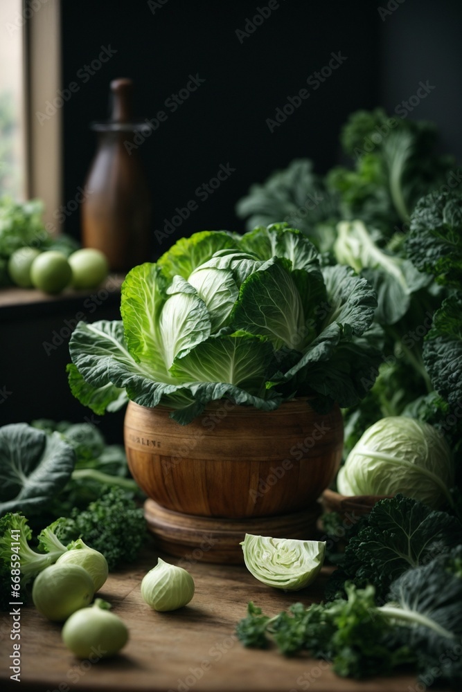 Cabbage and vegetables on a wooden table. Cabbage and vegetables on a wooden table.