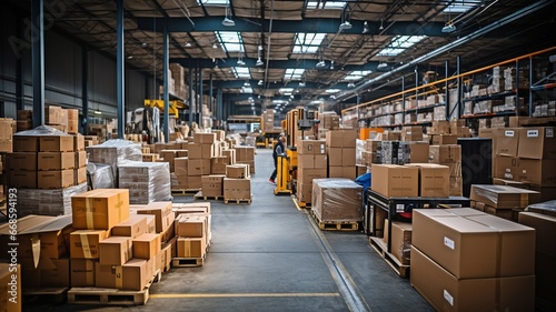 A store warehouse  a sorting room for goods distribution  or a retail warehouse with shelves holding cardboard boxes .