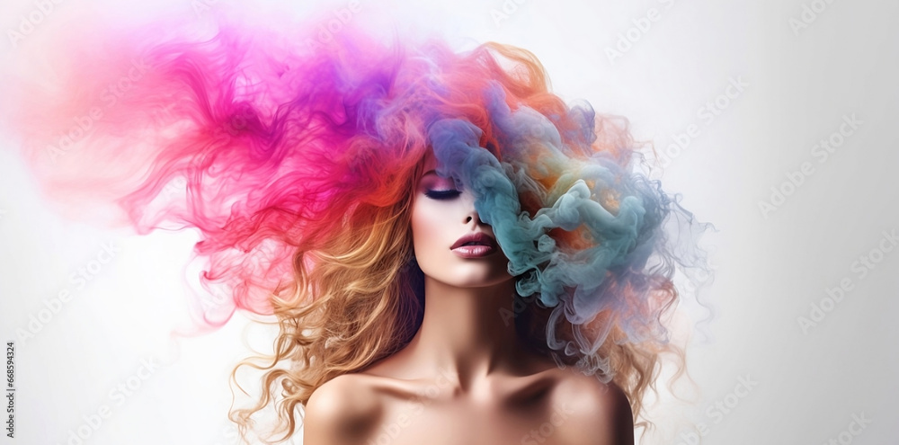 Fototapeta premium Women faces watercolor illustration. Fashion girl rainbow smoke horizontal copy space on color background Ai.