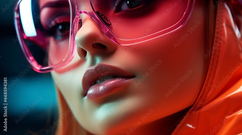 Red, orange and blue neon portrait of a woman in pink glasses. Wallpaper, illustration, background. Red, orange and blue neon portrait of a woman in pink glasses. Wallpaper, illustration, background.