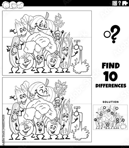 differences activity with vegetable characters coloring page