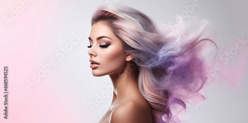 Women faces watercolor illustration. Fashion girl rainbow smoke horizontal copy space on color background Ai.