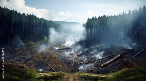 deforestation, large clearing in the forest, felled trunks and smoke where trees stood
