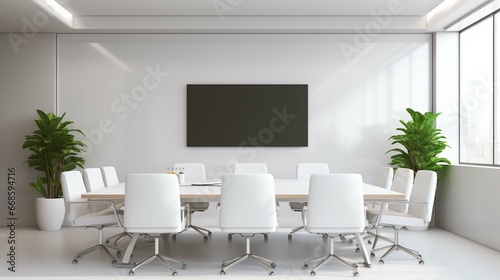 Conference room modern design,white empty wall. Modern furnished conference room beautifully designed.Meeting room in office bright stylish design copy space. 