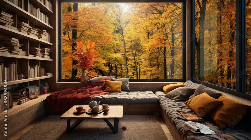 cozy reading room with a sofa, a bookshelf, and a large window with a picturesque view of the forest with colorful autumn leaves.  3D rendering 